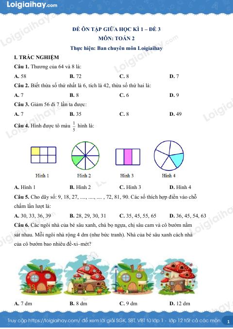 Đề kiểm tra giữa học kì 1 Toán 3 Kết nối tri thức - Đề số 3